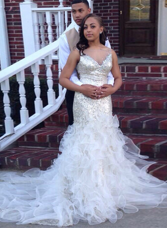 Luxury Sleeveless Sequins Prom Dress UKes UK Mermaid Tulle Evening Gowns