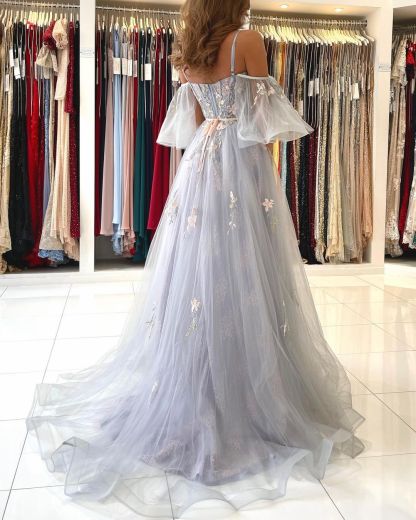 Charming Spaghetti Straps Puffy Sleeves Sweetheart Tulle Evening Party Dress with Floral Pattern