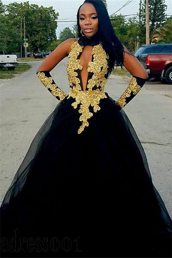 Chic Gold Lace Appliques Ball Gown Prom Dress UKes UK UK | Sexy Timeless black Halter Tulle Evening Dress UKes UK-27Dress.co.uk