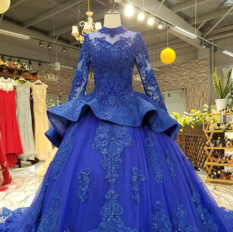 Long Sleeves Ball Gown Applique Tulle Beads Court Train Prom Dress UK UK