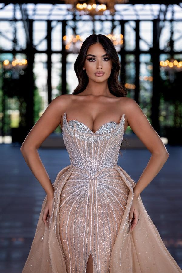 Champagne Sweetheart Crystals Mermaid Evening Dresses with Slit