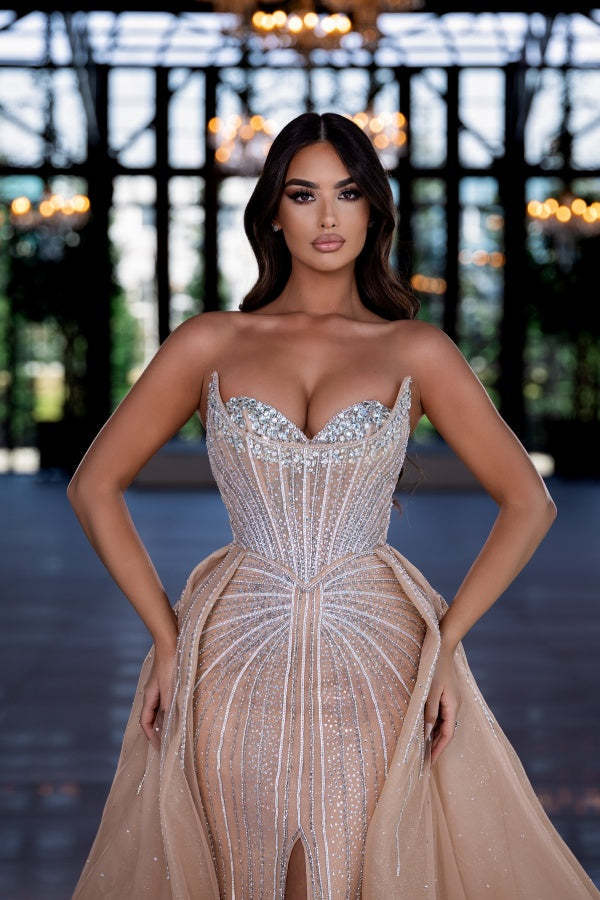 Champagne Sweetheart Crystals Mermaid Evening Dresses with Slit