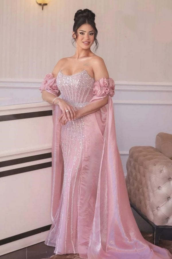 Pink Strapless Crystals Mermaid Evening Dresses Floor Length