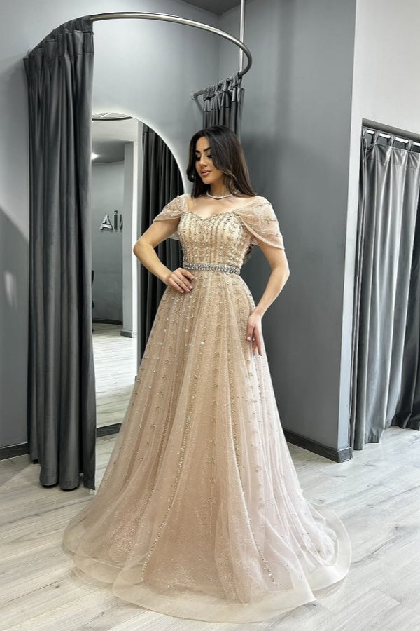 Off-the-Shoulder Tulle Crystals A-Line Evening Dresses