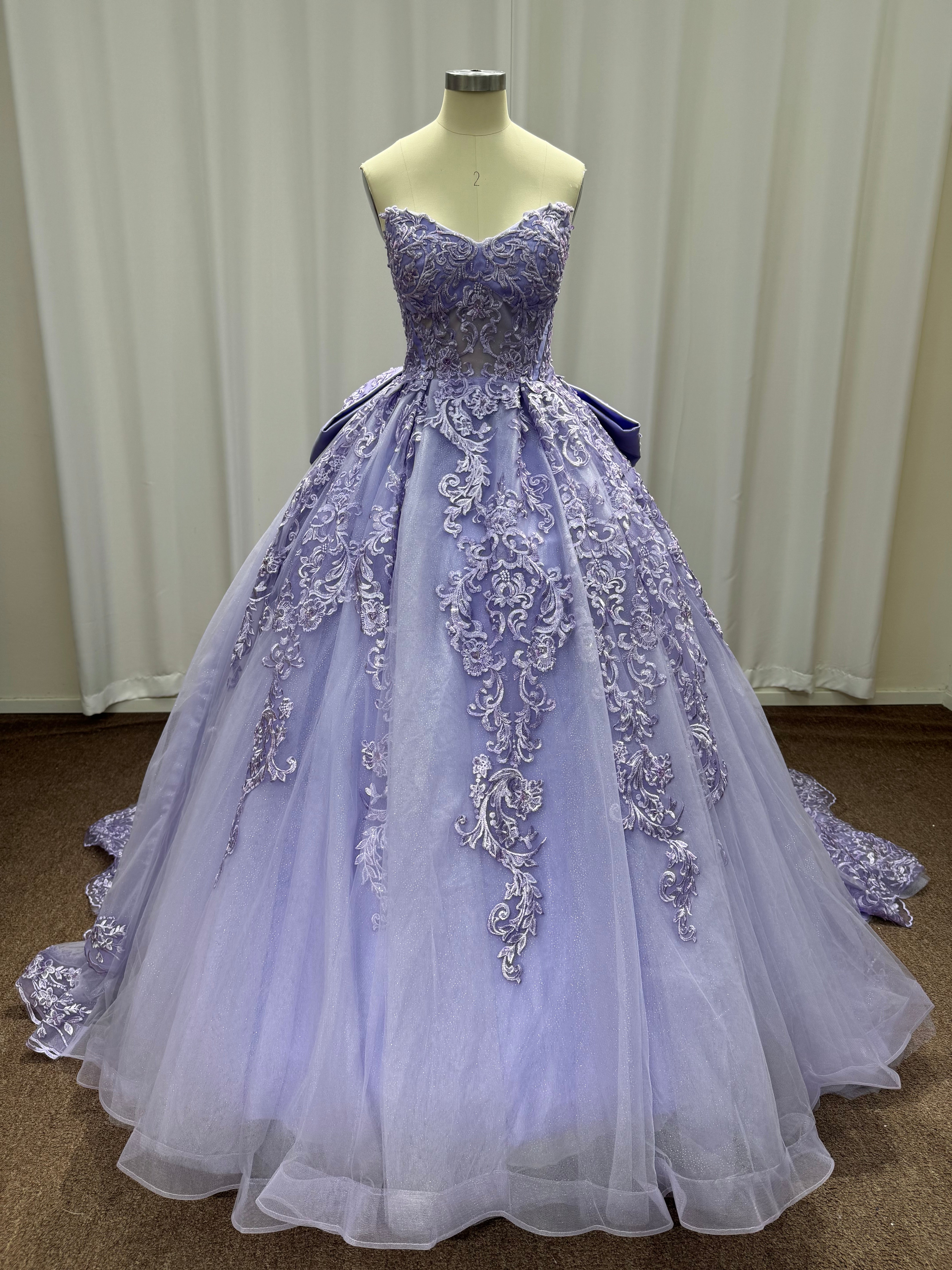 Lilac Strapless Tulle Applique A-line Prom Dresses Chapel Train