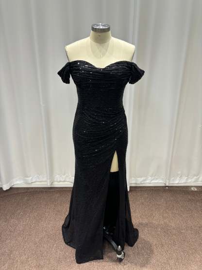 Black Off-the-Shoulder Sequins Mermaid Evening Dresses with Slit