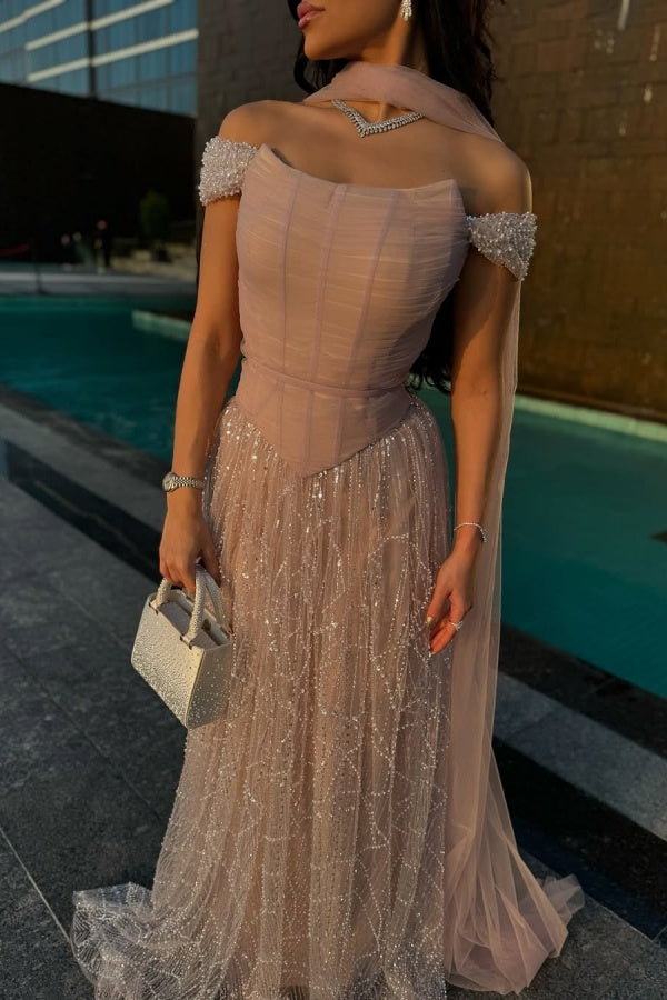 Off-the-Shoulder Floor Length Sheath Evening Dresses