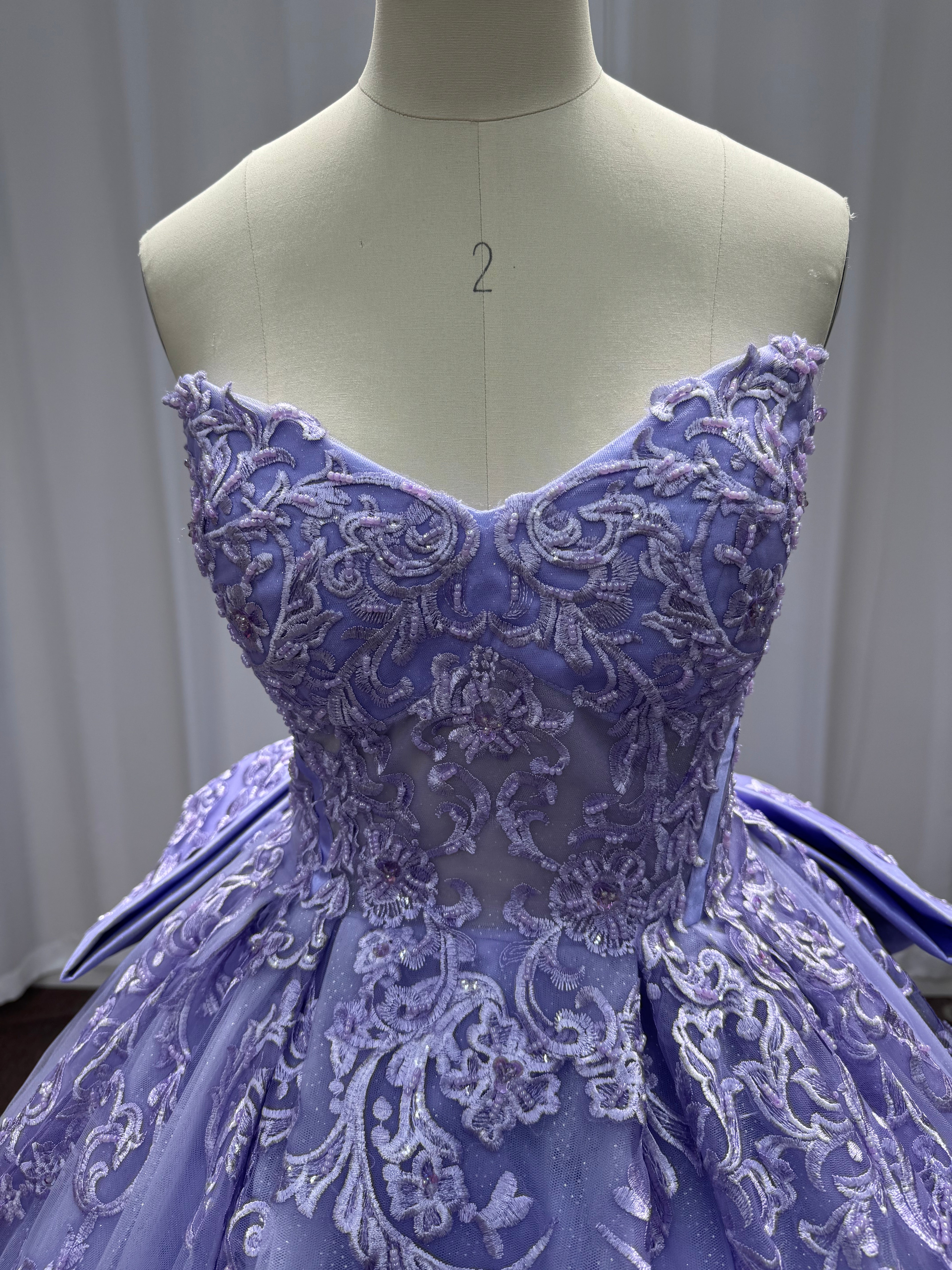 Lilac Strapless Tulle Applique A-line Prom Dresses Chapel Train