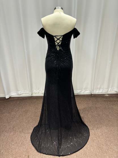 Black Off-the-Shoulder Sequins Mermaid Evening Dresses with Slit