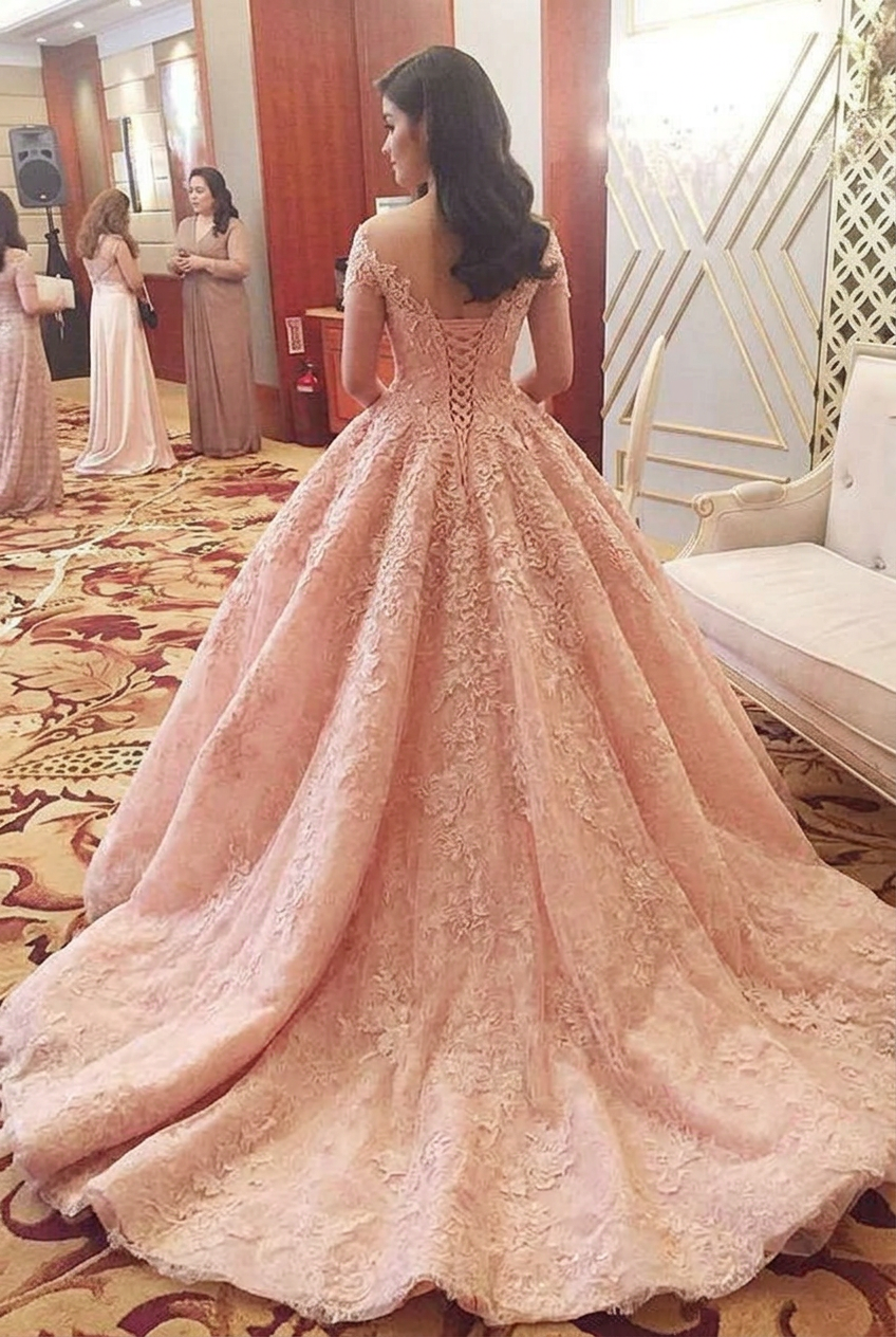 Off-the-Shoulder Lace Appliques Prom Dress Ball Gown Cap Sleeves Evening Dress UK