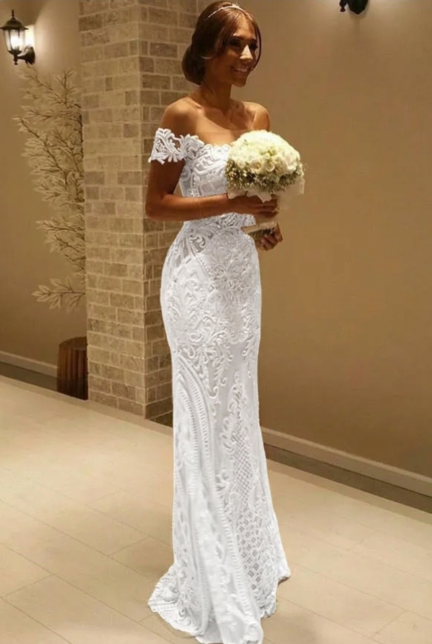 Elegant Off the shoulder Lace Sexy Mermaid Wedding Dress Floor Length UK