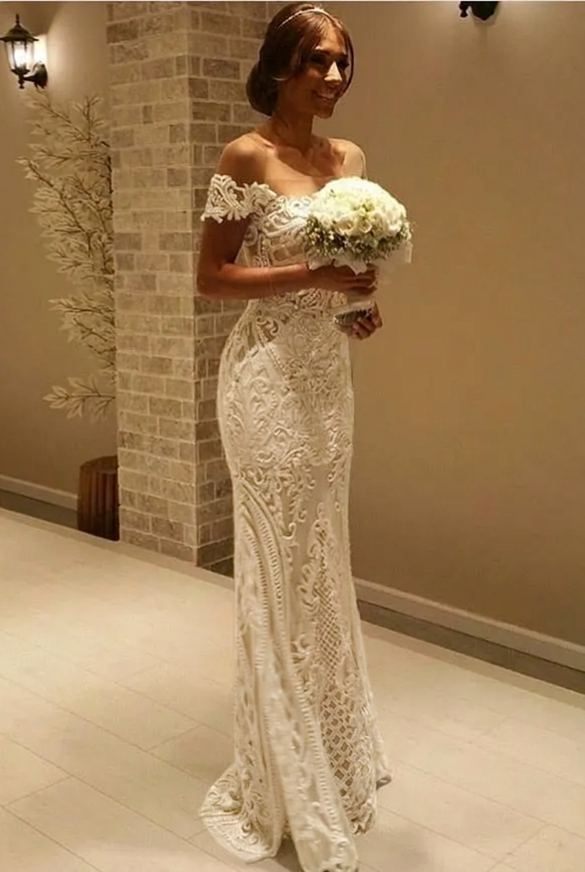 Elegant Off the shoulder Lace Sexy Mermaid Wedding Dress Floor Length UK