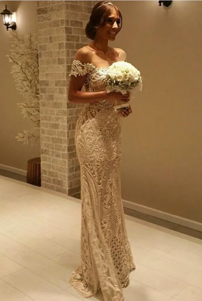 Elegant Off the shoulder Lace Sexy Mermaid Wedding Dress Floor Length UK