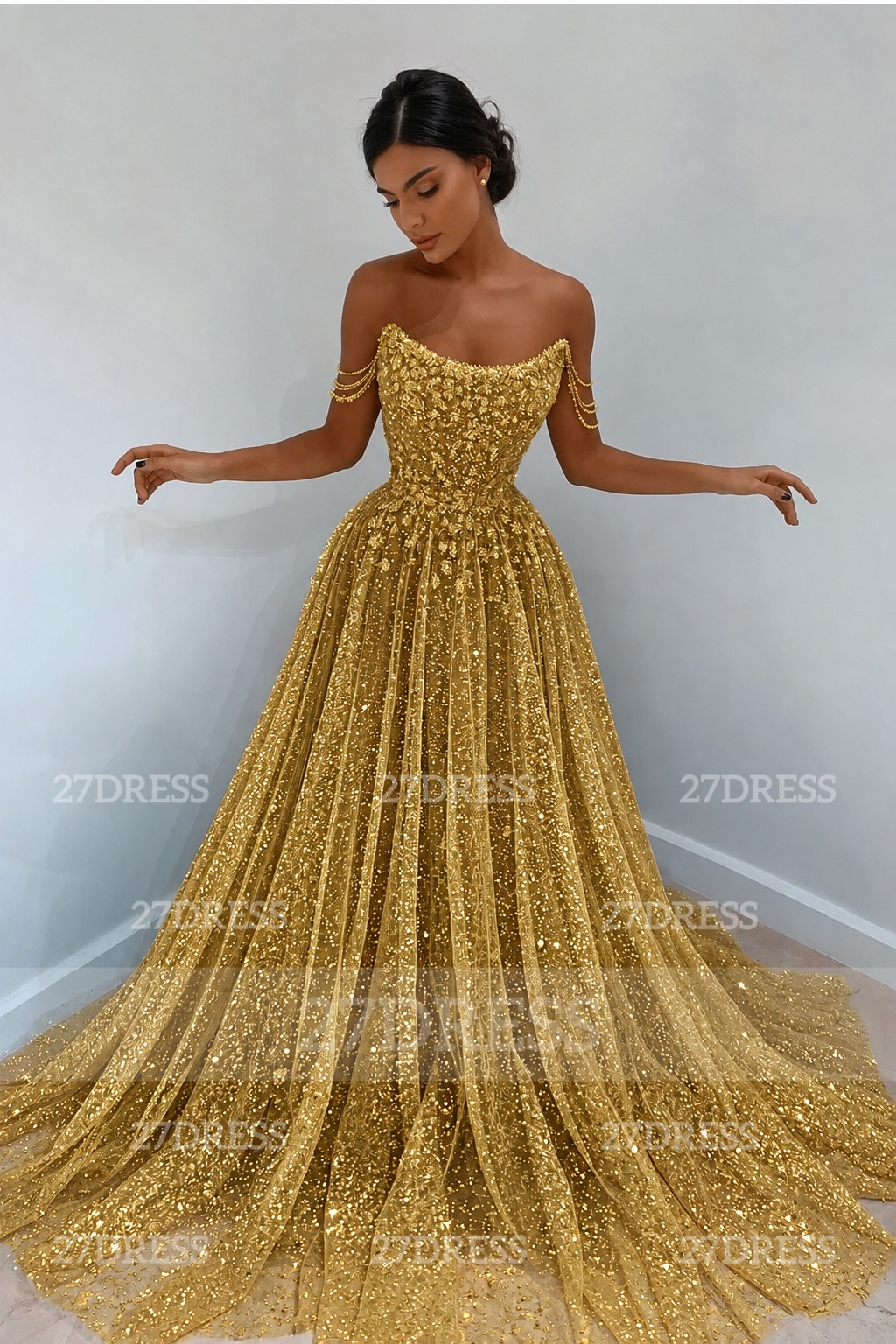 Glitter Off-the-Shoulder Beaded Evening Sequins A-Line Prom Dresses