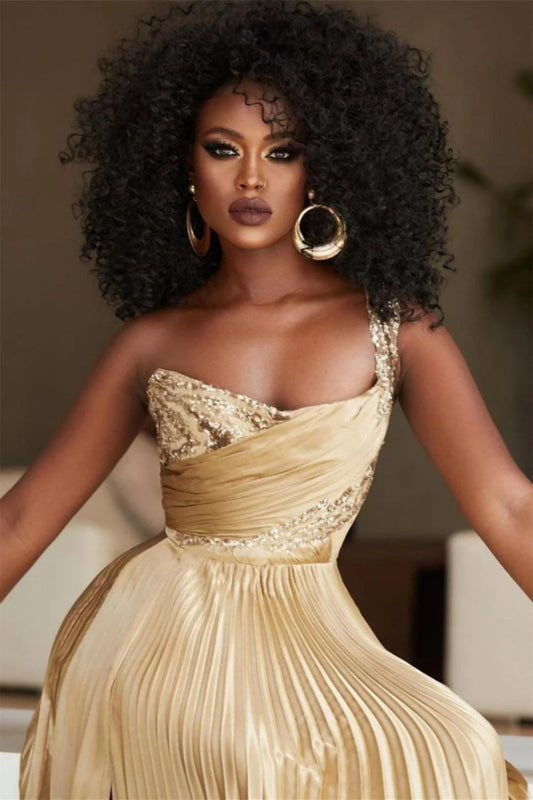 Gold Pleated A-Line One Shoulder Prom Dress Gown with Front Split - Prom Dresses