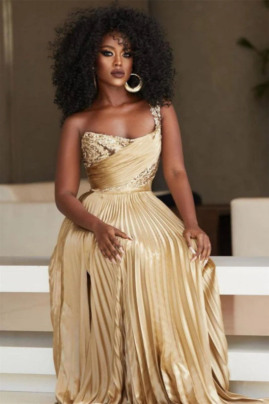 Gold Pleated A-Line One Shoulder Prom Dress Gown with Front Split - Prom Dresses
