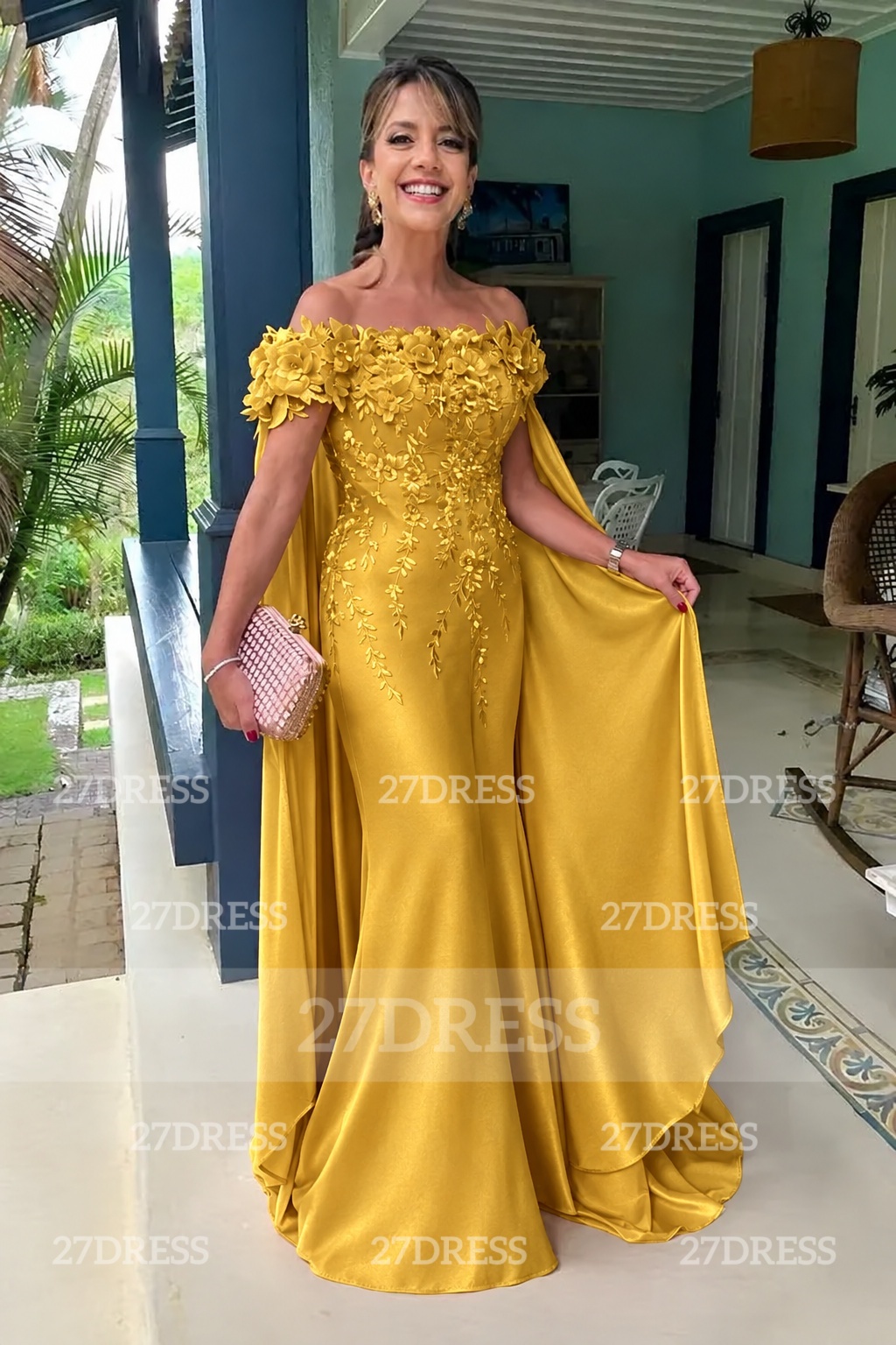 Off-the-Shoulder Pink Flowers Chiffon Mother of the Bride Dress Floor Length Wedding Guest Dress