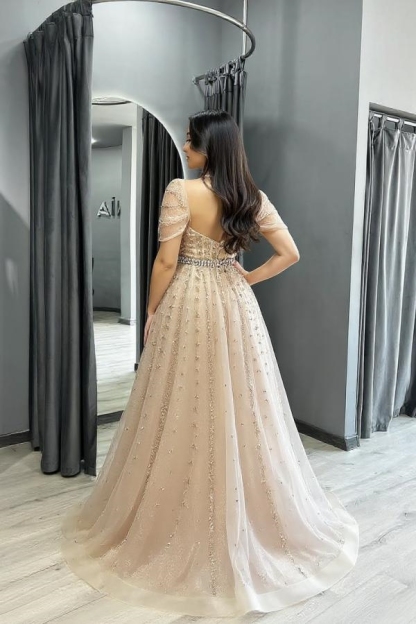 Off-the-Shoulder Tulle Crystals A-Line Evening Dresses