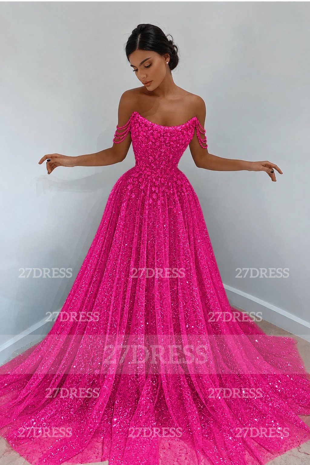Glitter Off-the-Shoulder Beaded Evening Sequins A-Line Prom Dresses