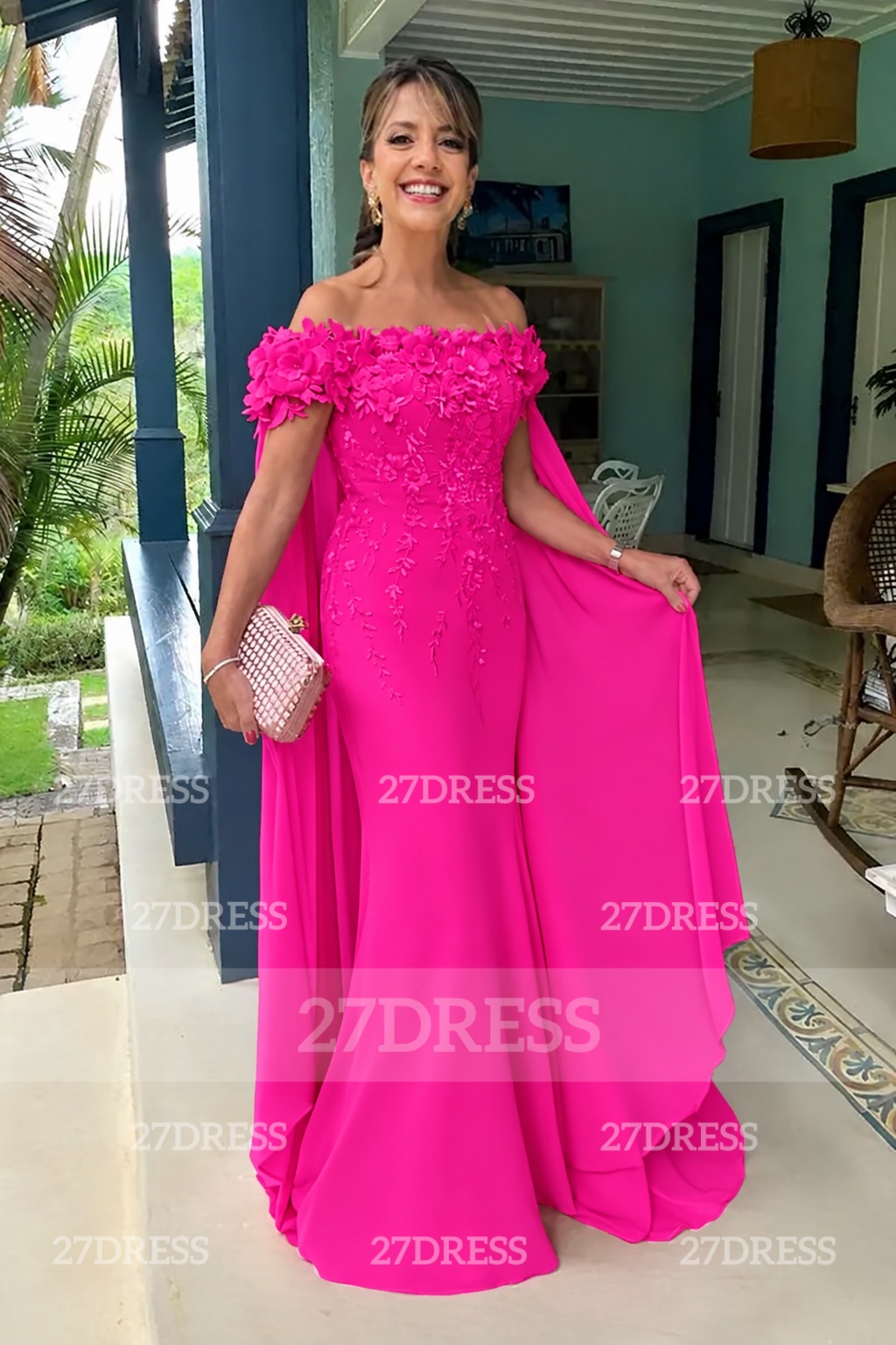 Off-the-Shoulder Pink Flowers Chiffon Mother of the Bride Dress Floor Length Wedding Guest Dress