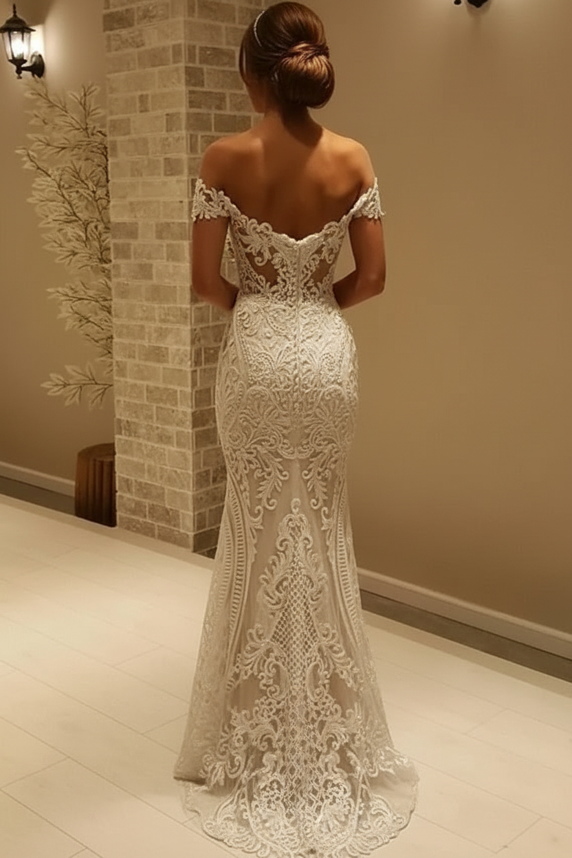Elegant Off the shoulder Lace Sexy Mermaid Wedding Dress Floor Length 
