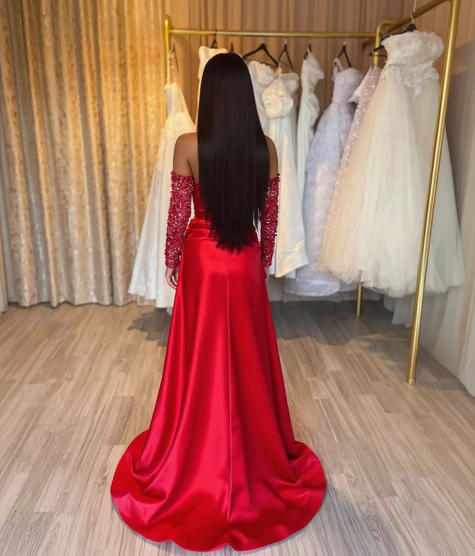 Sweetheart Sequins Ruched Prom Dresses with High Split