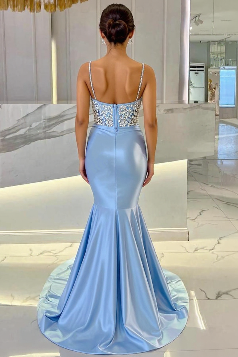 Charming Spaghetti Straps Crystals Mermaid Prom Dress Ruched Satin Bodycon Party Dress
