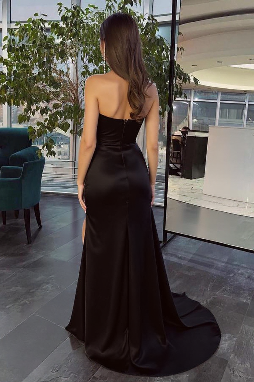 Black Strapless Floor Length Prom Dresses with High Split