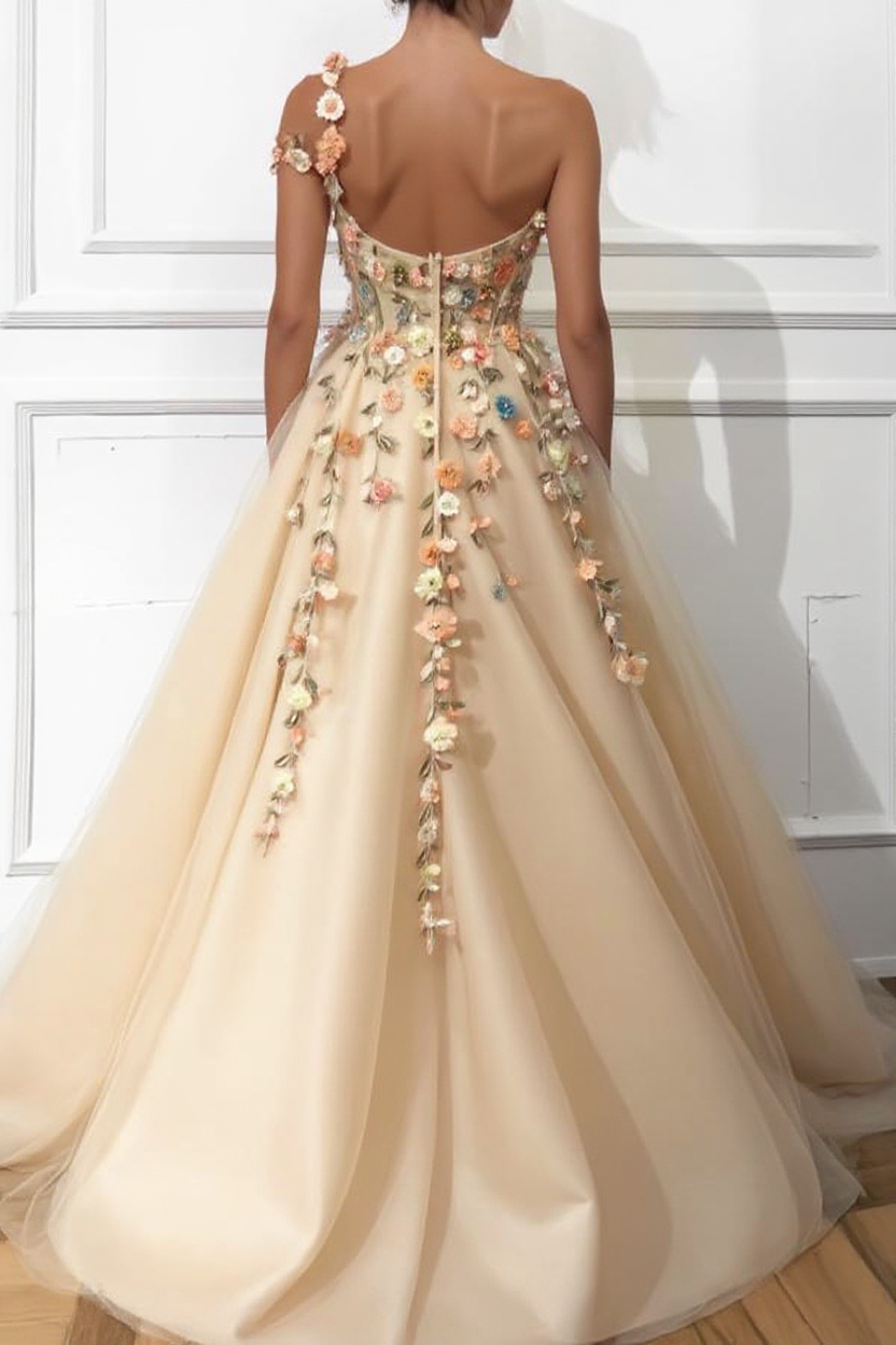 Sexy One Shoulder Flowers Side Slit Evening Dress UK
