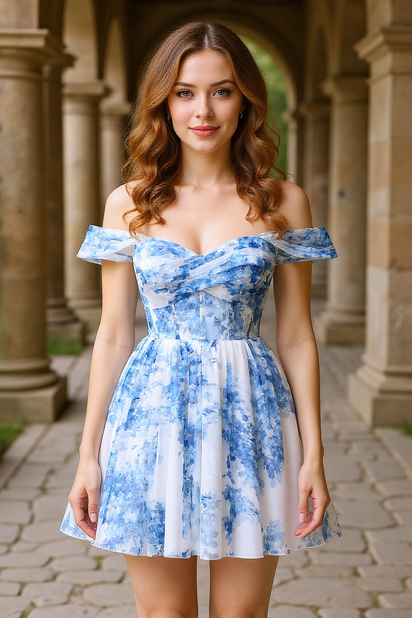 Sky Blue Off-the-Shoulder Chiffon Homecoming Dresses