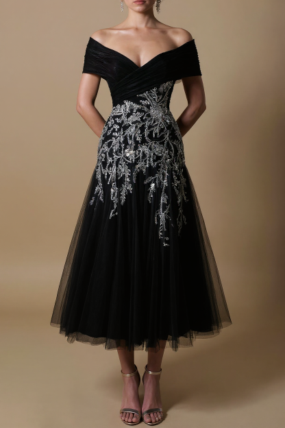 Off-the-Shoulder Tulle Ankle Length Wedding Dress with Beadings Appliques