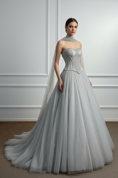 Silver Ball Gown Strapless Tulle Floor-Length A-Line Prom Dress