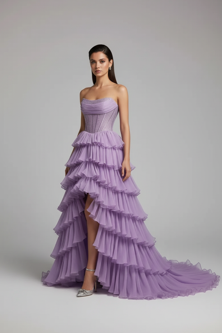 Purple Strapless Chiffon Ruffles Long A-Line Prom Dress