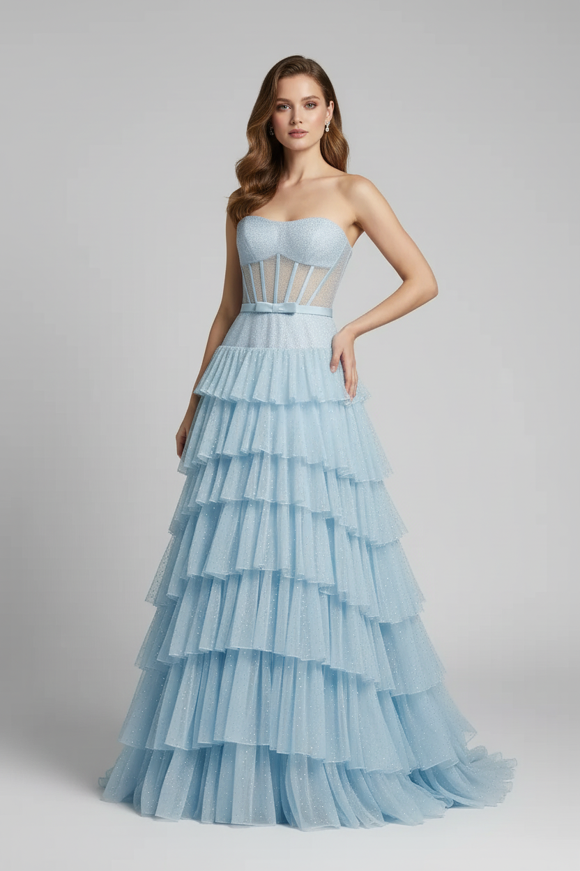 Strapless Sleeveless Chiffon Ruffles Long A-Line Prom Dress