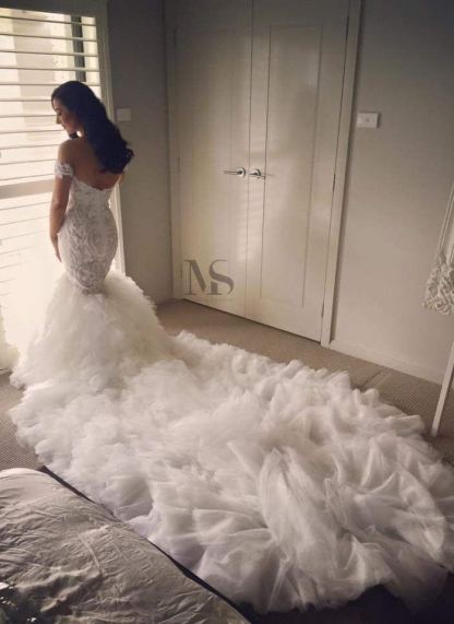 Off-the-shoulder Sexy Mermaid Wedding Dress Long Train With Ruffles-27Dress.co.uk
