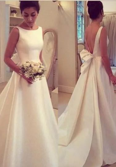 Jewel Sleeveless Bow Sweep-Train A-line Elegant Wedding Dress