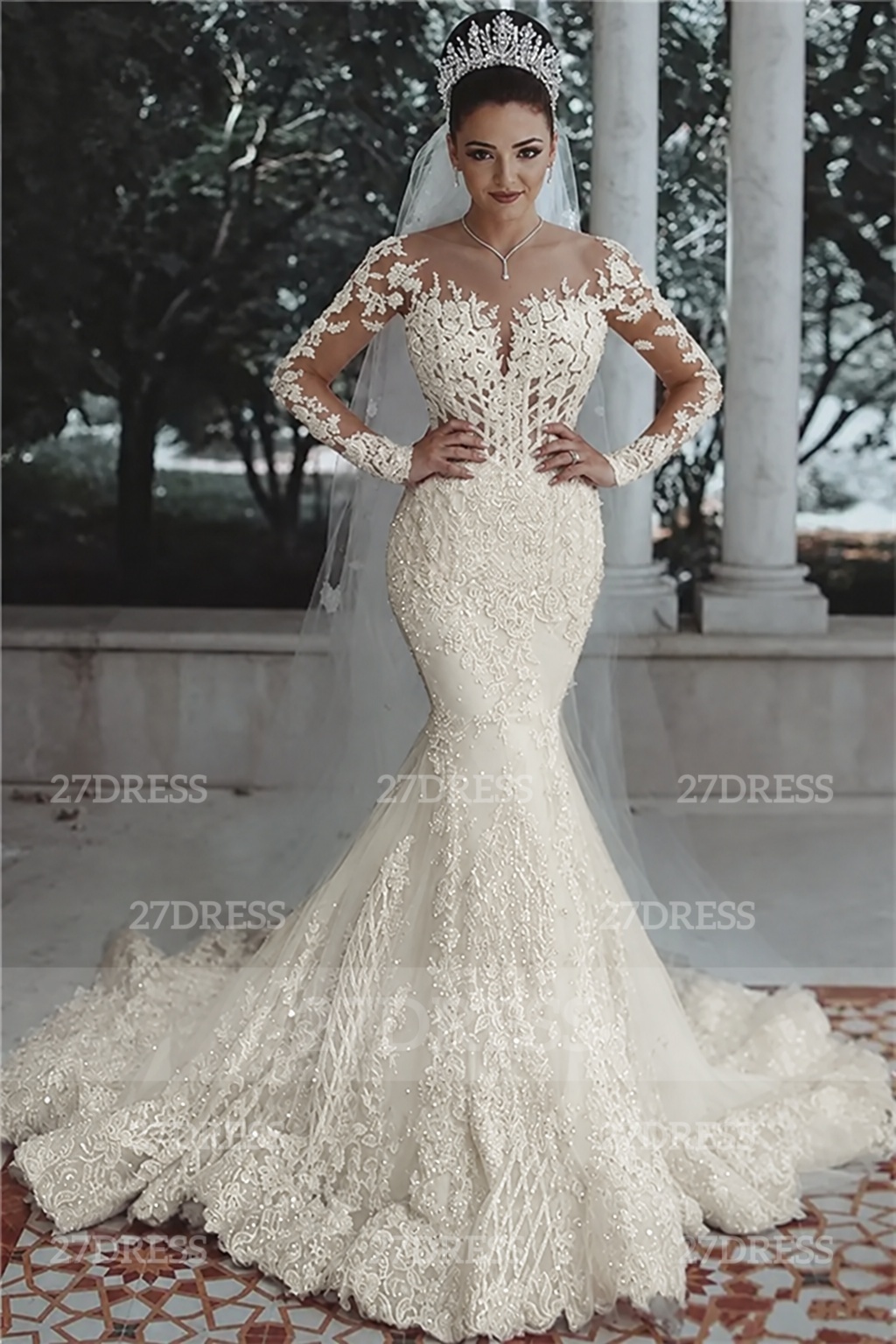 Glamorous Beaded Lace Sexy Mermaid Wedding Dresses UK with Sleeves Sheer Tulle Appliques Bride Dresses