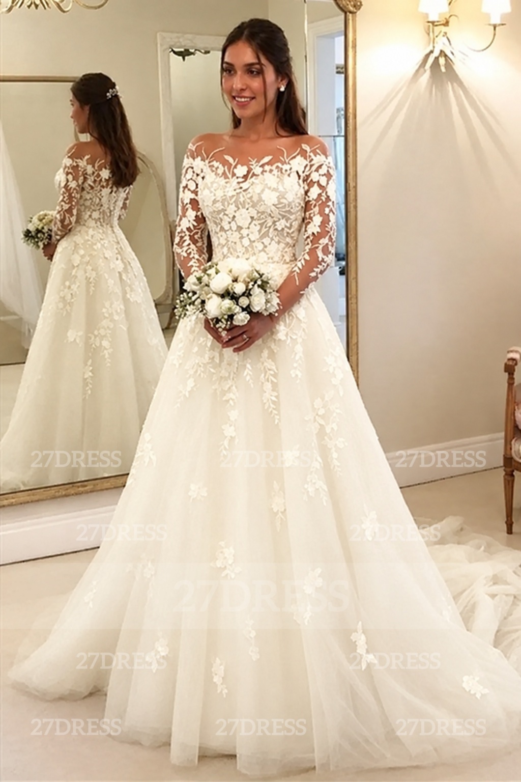 Elegant Long Sleeves Ｗedding Dress Aline Floral Lace Tulle Bridal Gown