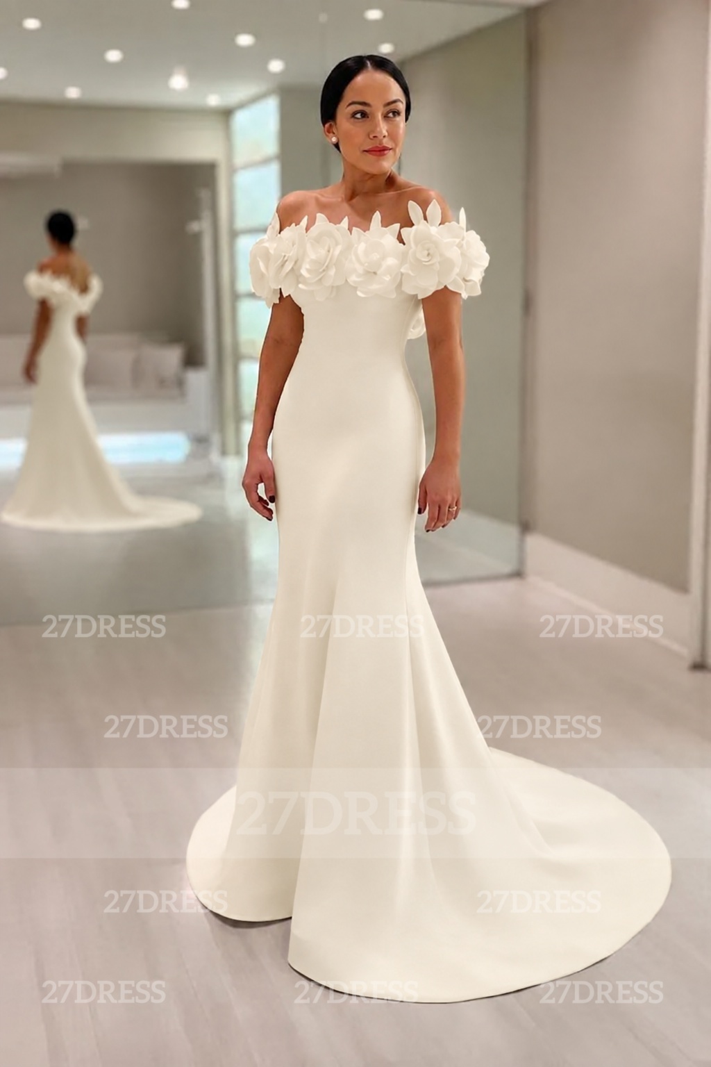 Elegant Mermaid Satin Wedding Dresses Off the Shoulder White Bridal Gowns with Flowers