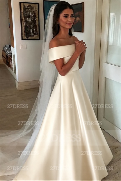 Elegant Off-the-Shoulder A-line Wedding Dresses UK Bowknot Ribbons Sleeveless Bridal Gowns