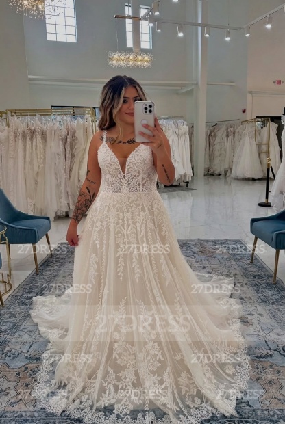 Spaghetti Straps Open Back Appliques Lace A-Line Wedding Dresses
