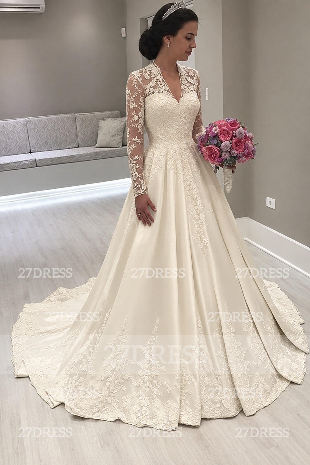 Princess Long Sleeve V-Neck Wedding Dress | Lace Bridal Gowns On Sale