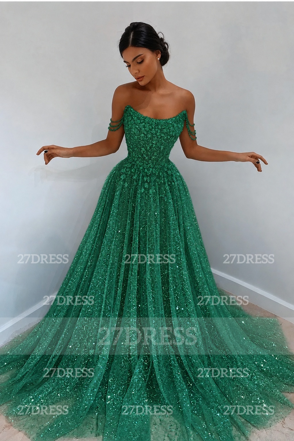 Glitter Off-the-Shoulder Beaded Evening Sequins A-Line Prom Dresses