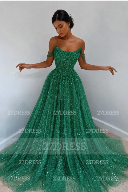 Glitter Off-the-Shoulder Beaded Evening Sequins A-Line Prom Dresses