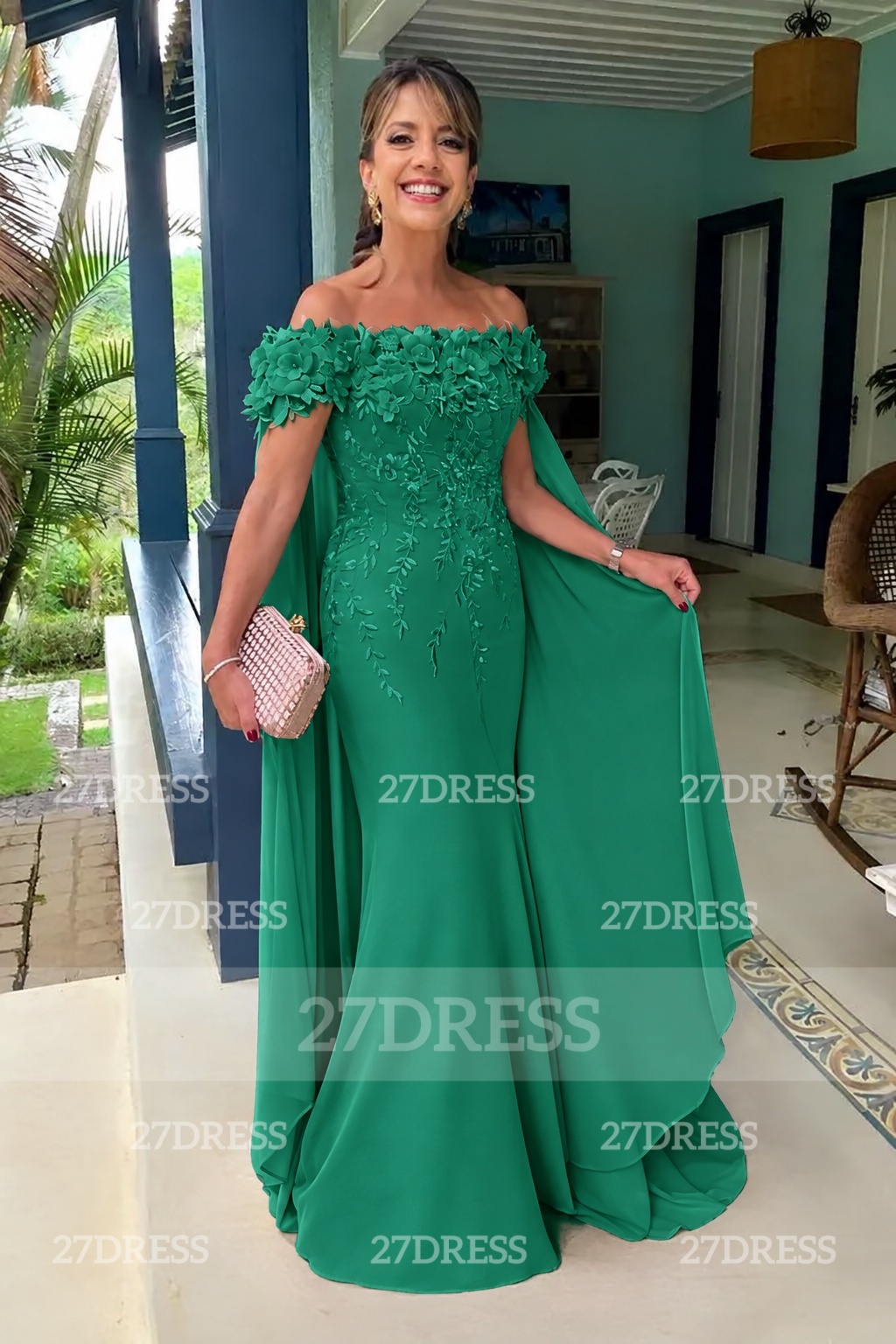 Off-the-Shoulder Pink Flowers Chiffon Mother of the Bride Dress Floor Length Wedding Guest Dress