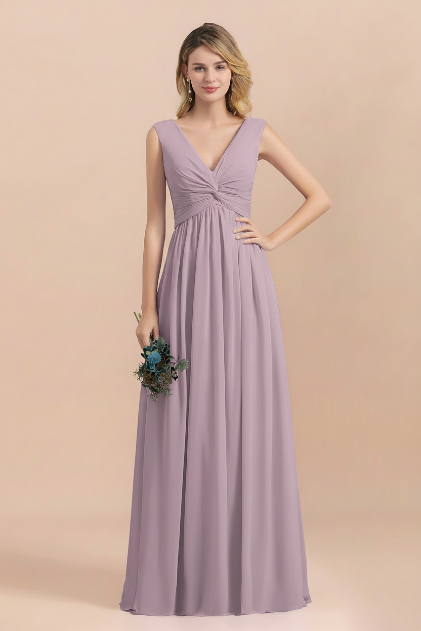 Chic Lilac A-line Chiffon Bridesmaid Dress Sleeveless V-Neck Long Wedding Guest Dress