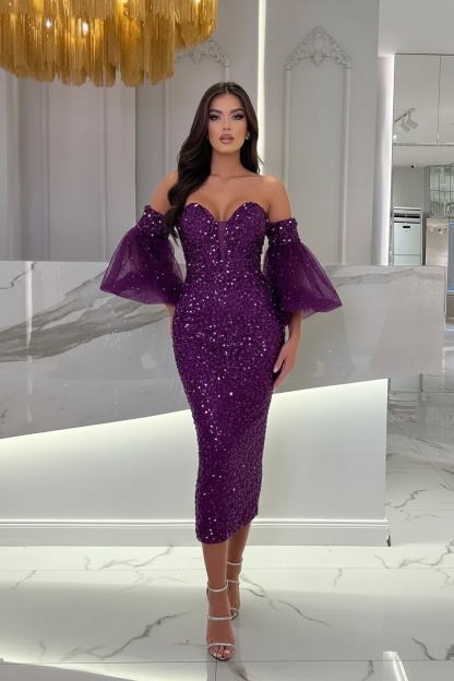 Light Blue Tea Length Sequins Prom Dress With Puffy Sleeves