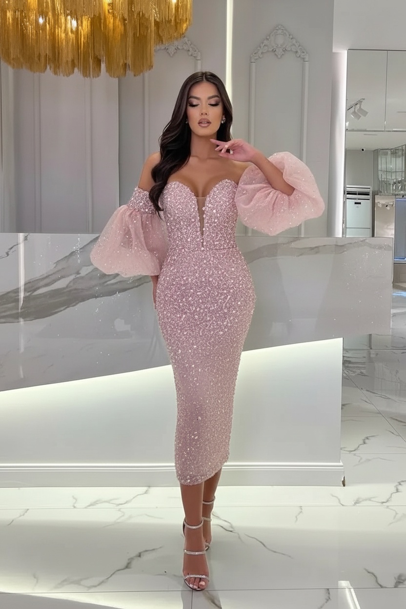 Light Blue Tea Length Sequins Prom Dress With Puffy Sleeves