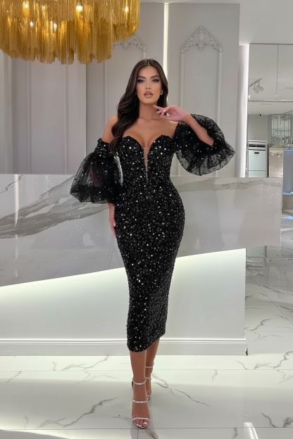 Light Blue Tea Length Sequins Prom Dress With Puffy Sleeves