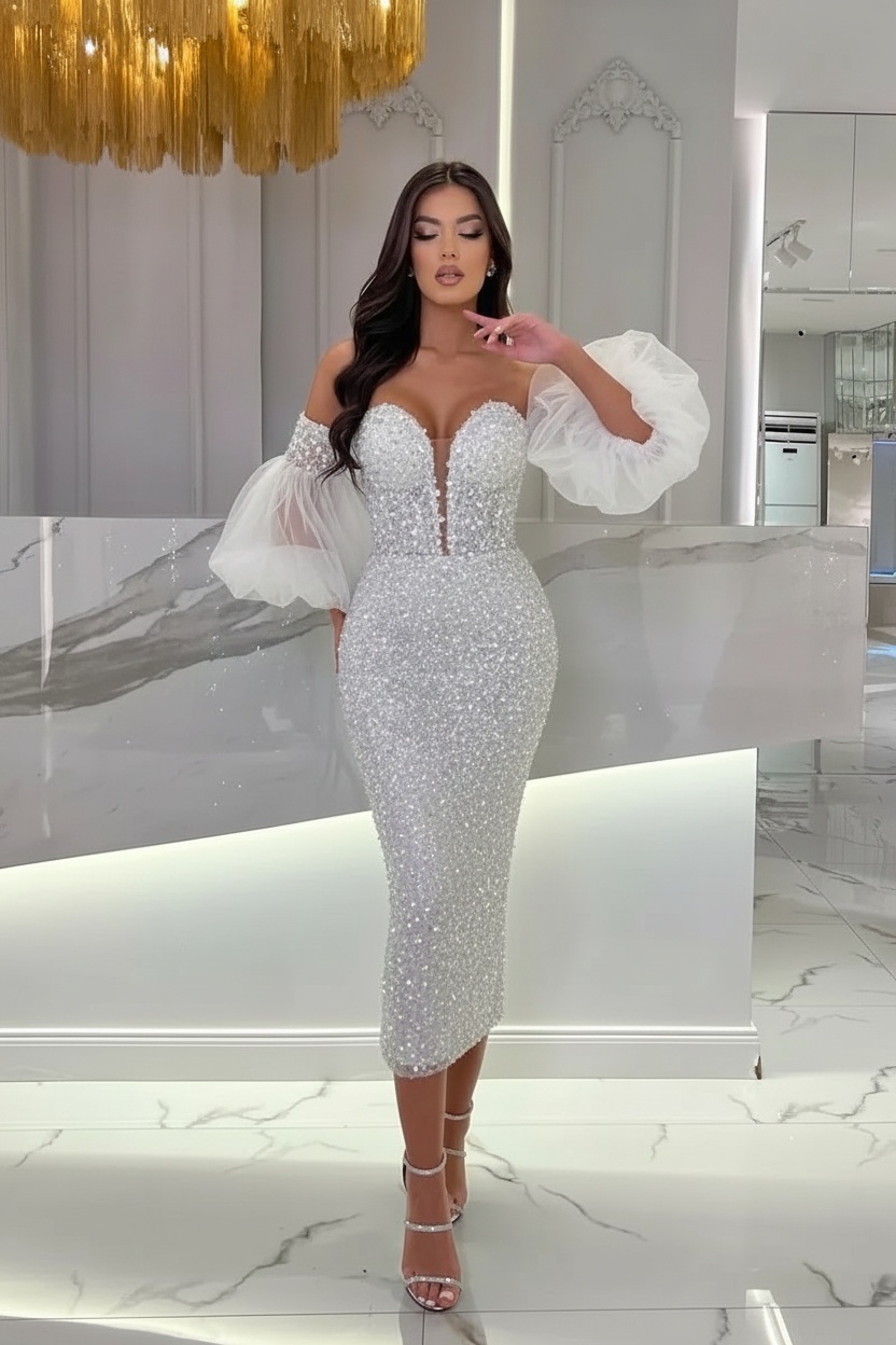 Light Blue Tea Length Sequins Prom Dress With Puffy Sleeves